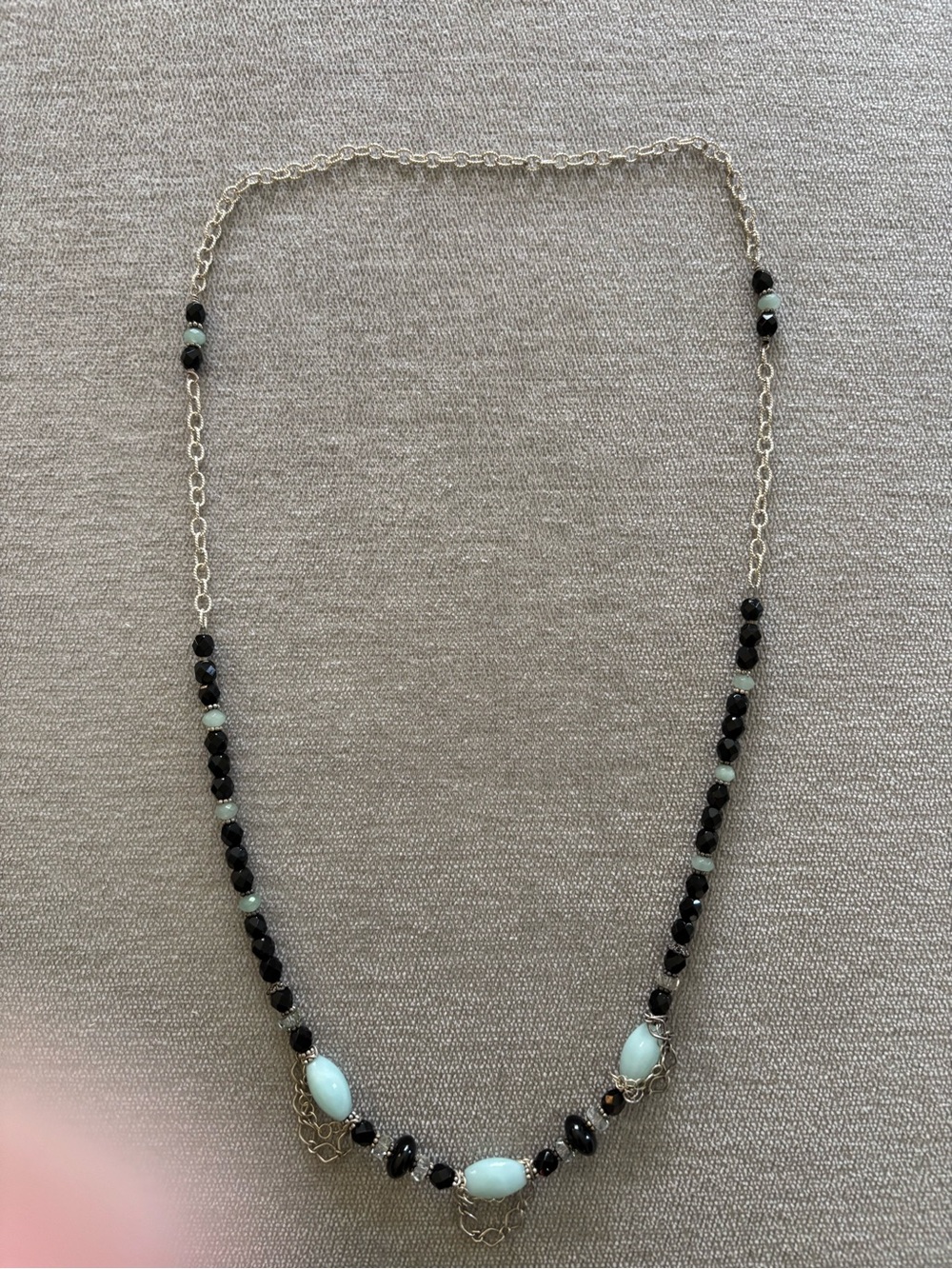Silver Chain Necklace with Black and Light Blue Beads